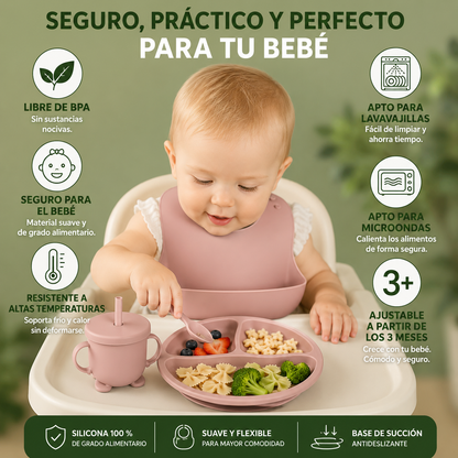 Set de Vajilla de Silicona para Bebé Rosa — Comidas Más Fáciles y Menos Desorden
