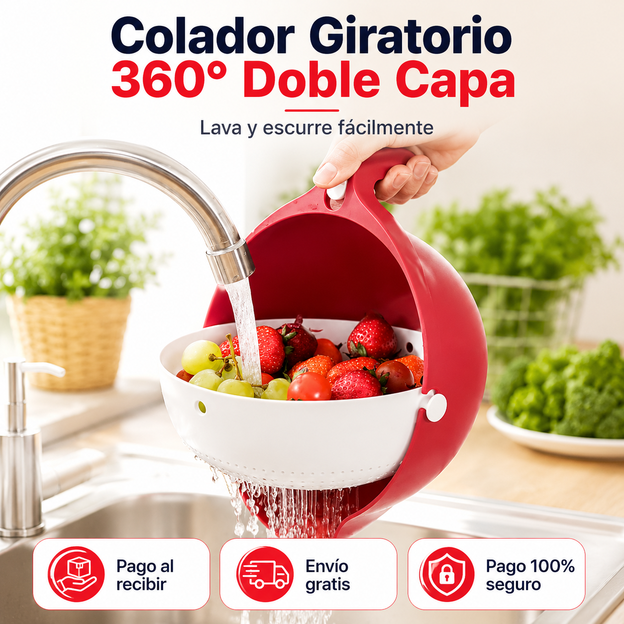 Colador Giratorio 360° Doble Capa | Lava y Escurre Fácilmente