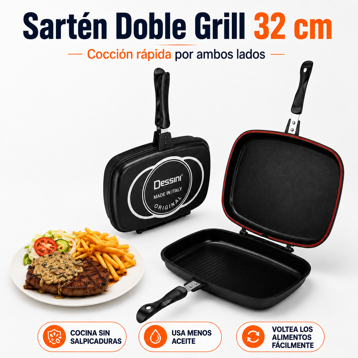 Sartén Doble Grill 32 cm | Cocción Rápida por Ambos Lados
