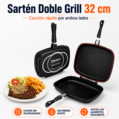 Sartén Doble Grill 32 cm | Cocción Rápida por Ambos Lados
