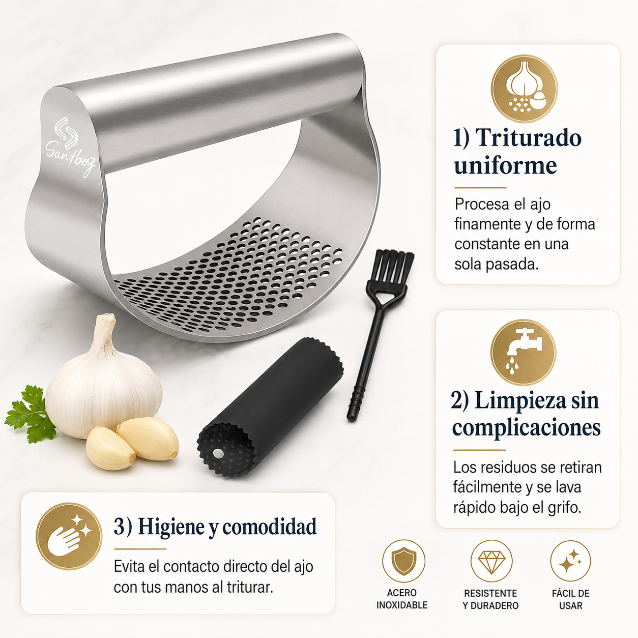 Prensa Ajos de Acero Inoxidable | Tritura Fácil, Rápido y sin Ensuciarte