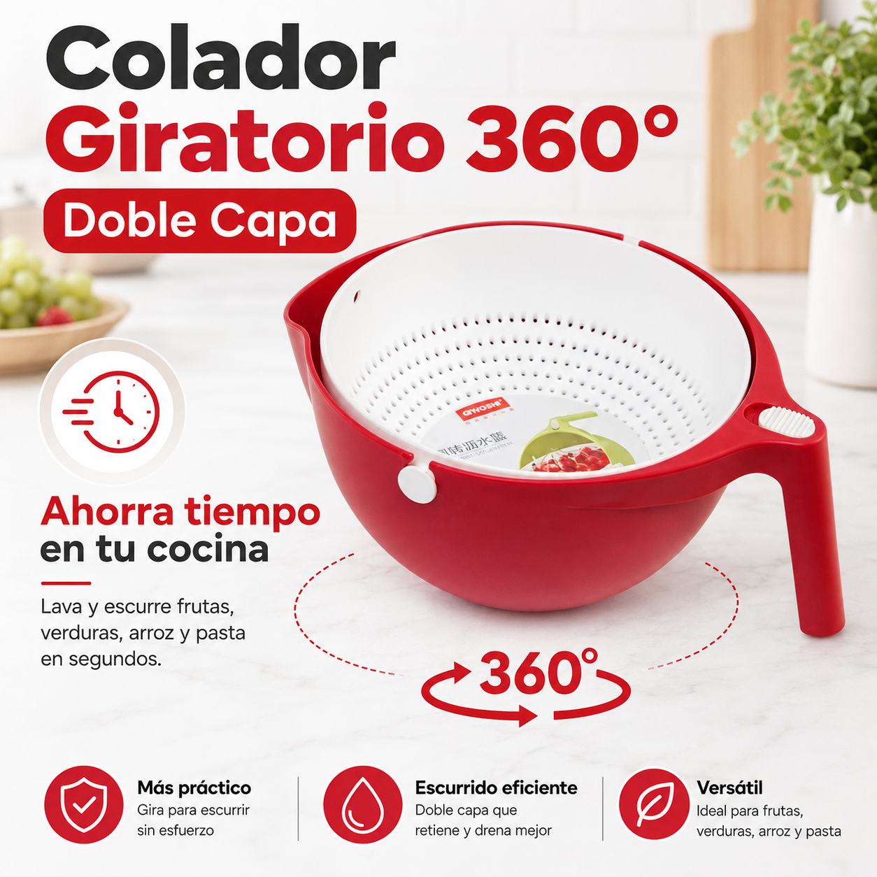 Colador Giratorio 360° Doble Capa | Lava y Escurre Fácilmente