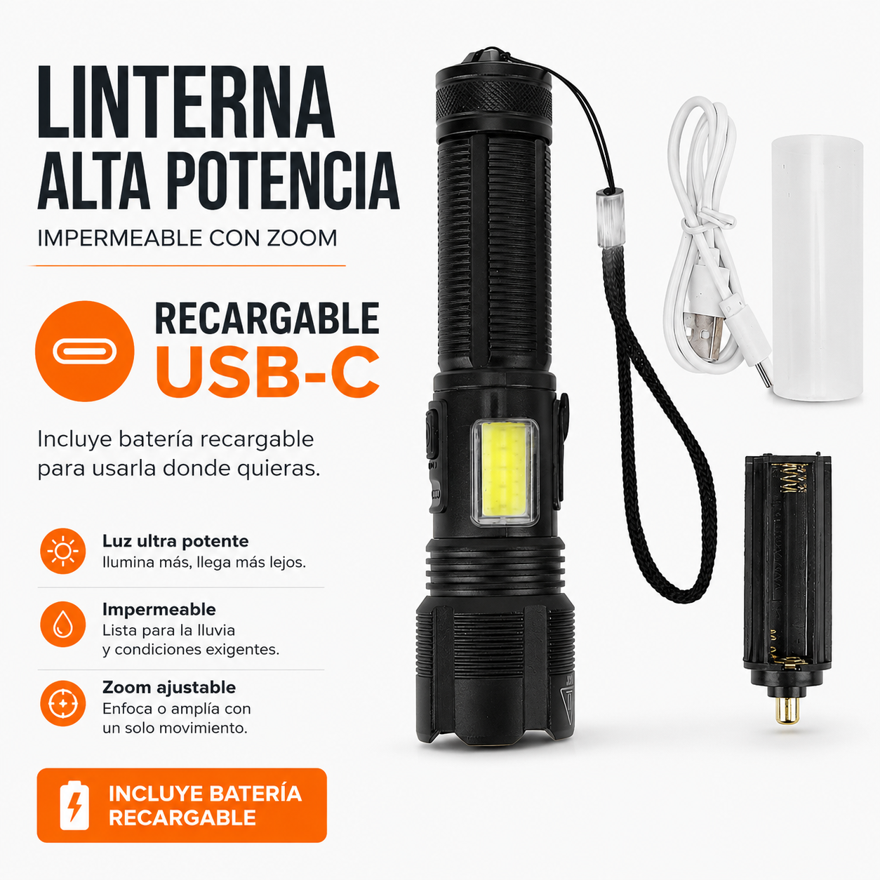 Linterna alta potencia impermeable con zoom