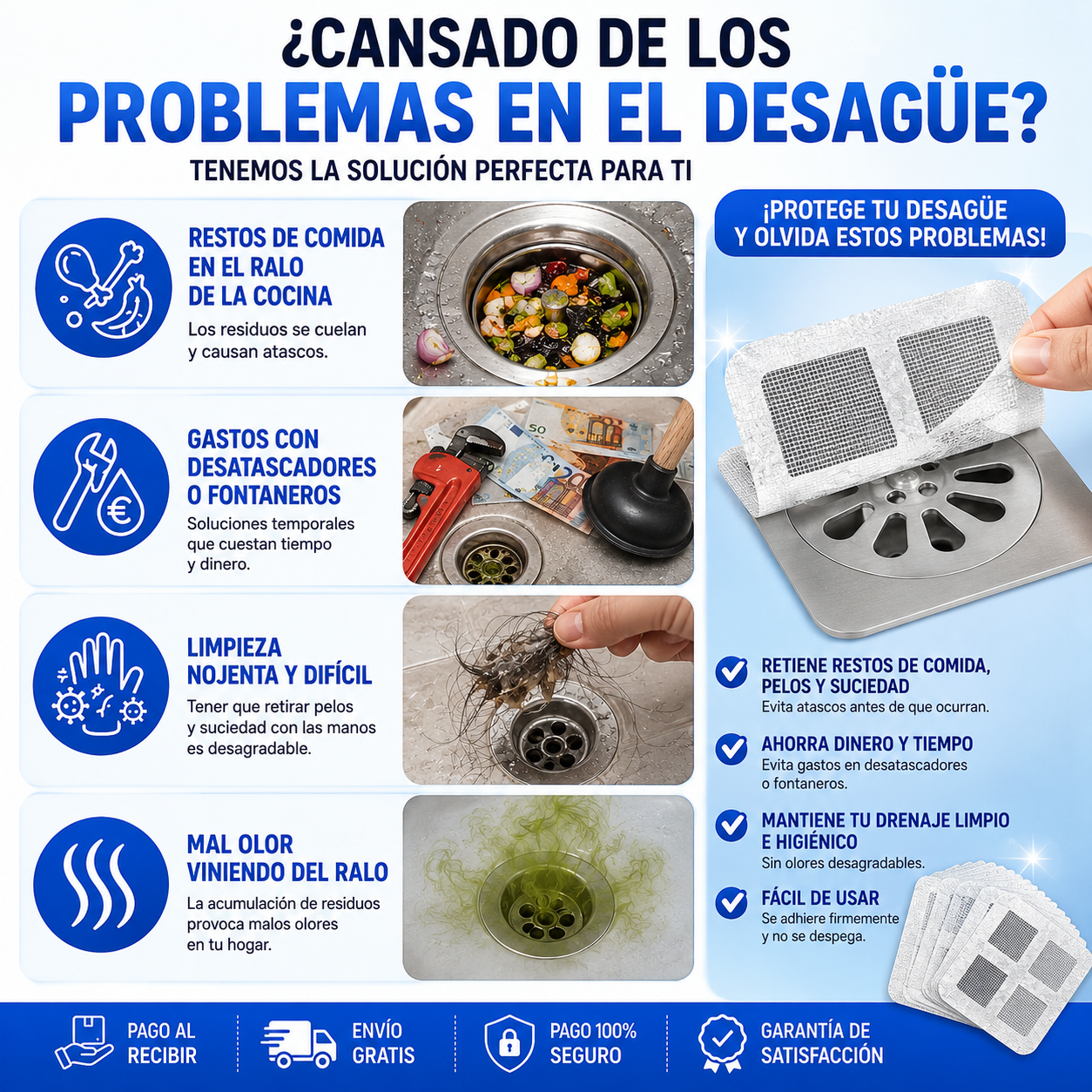 Filtros Adhesivos para Desagüe 10 Unidades — Atrapa Cabellos y Evita Atascos