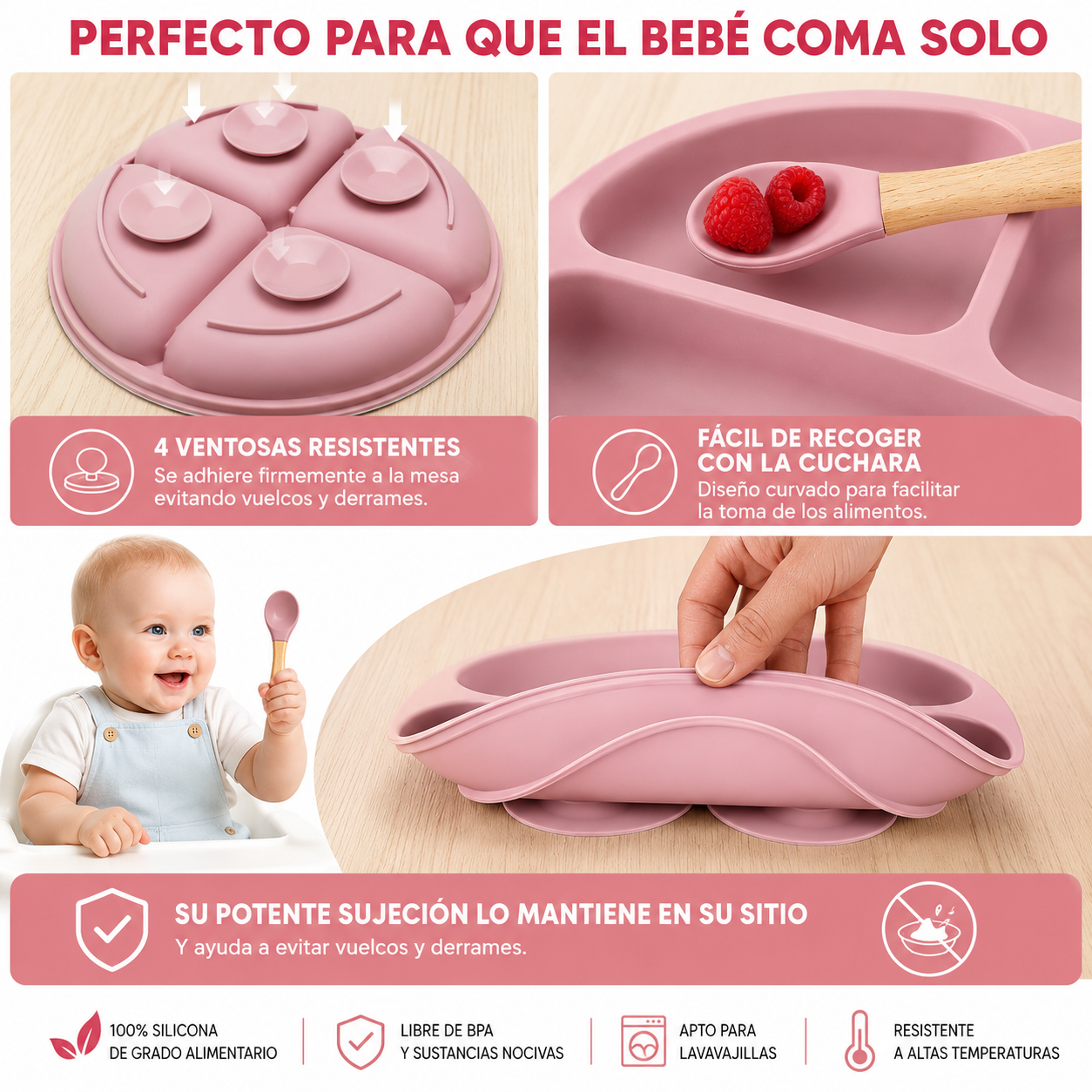 Set de Vajilla de Silicona para Bebé Rosa — Comidas Más Fáciles y Menos Desorden