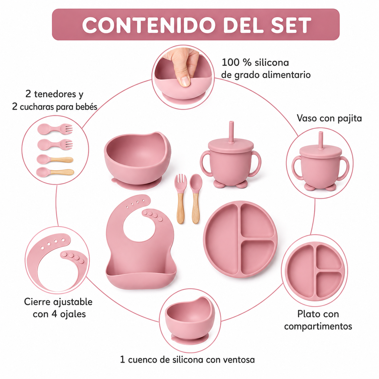 Set de Vajilla de Silicona para Bebé Rosa — Comidas Más Fáciles y Menos Desorden