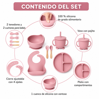 Set de Vajilla de Silicona para Bebé Rosa — Comidas Más Fáciles y Menos Desorden