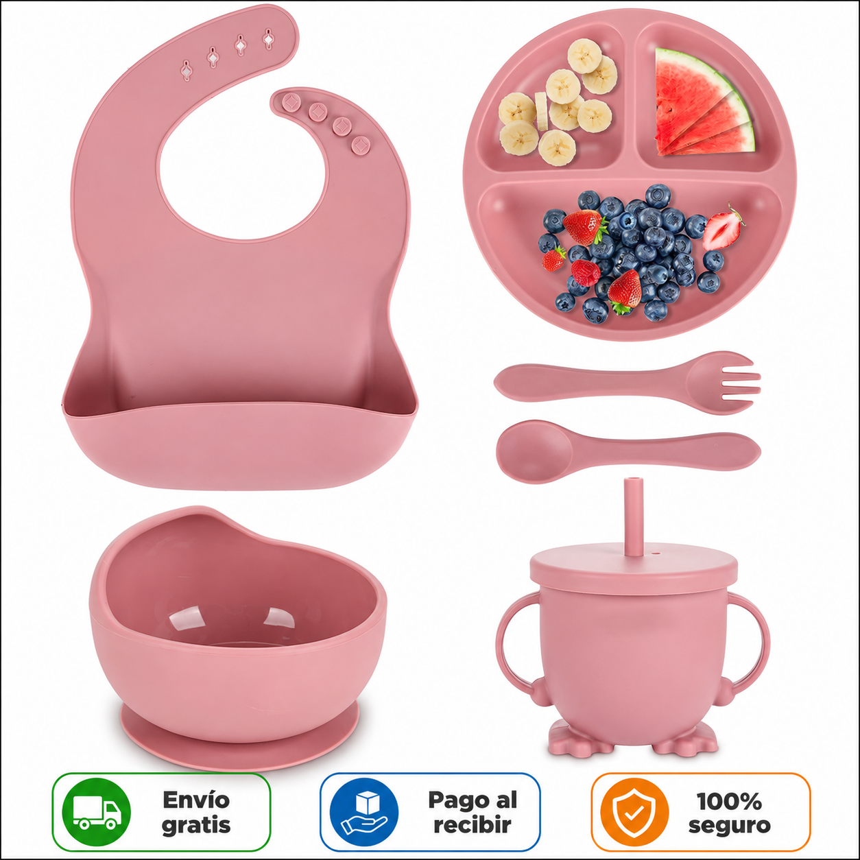 Set de Vajilla de Silicona para Bebé Rosa — Comidas Más Fáciles y Menos Desorden